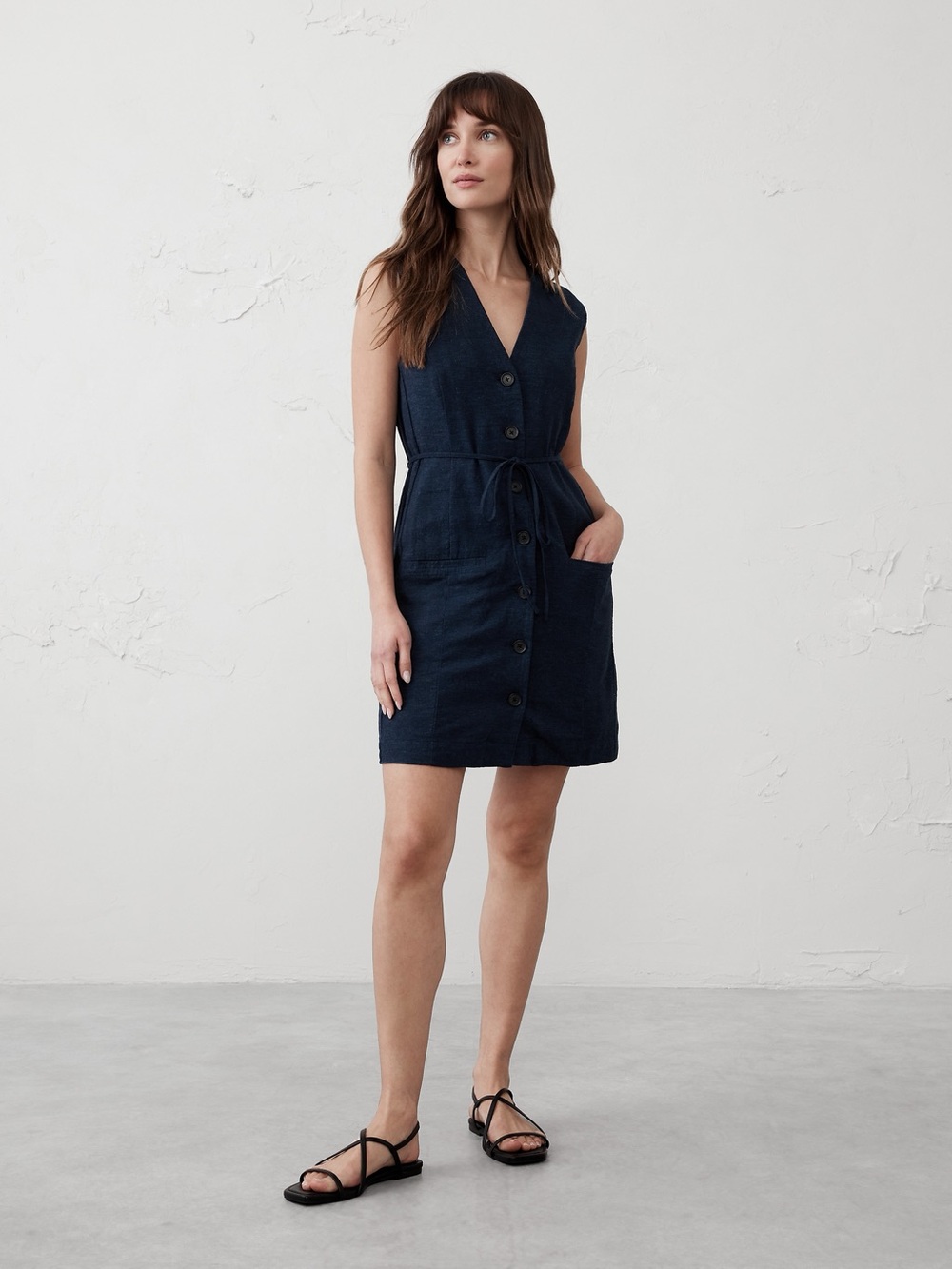 New LINEN-BLEND BUTTON-FRONT MINI DRESS